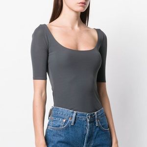 Acne studios gray viscose short sleeve body suit, size XS.